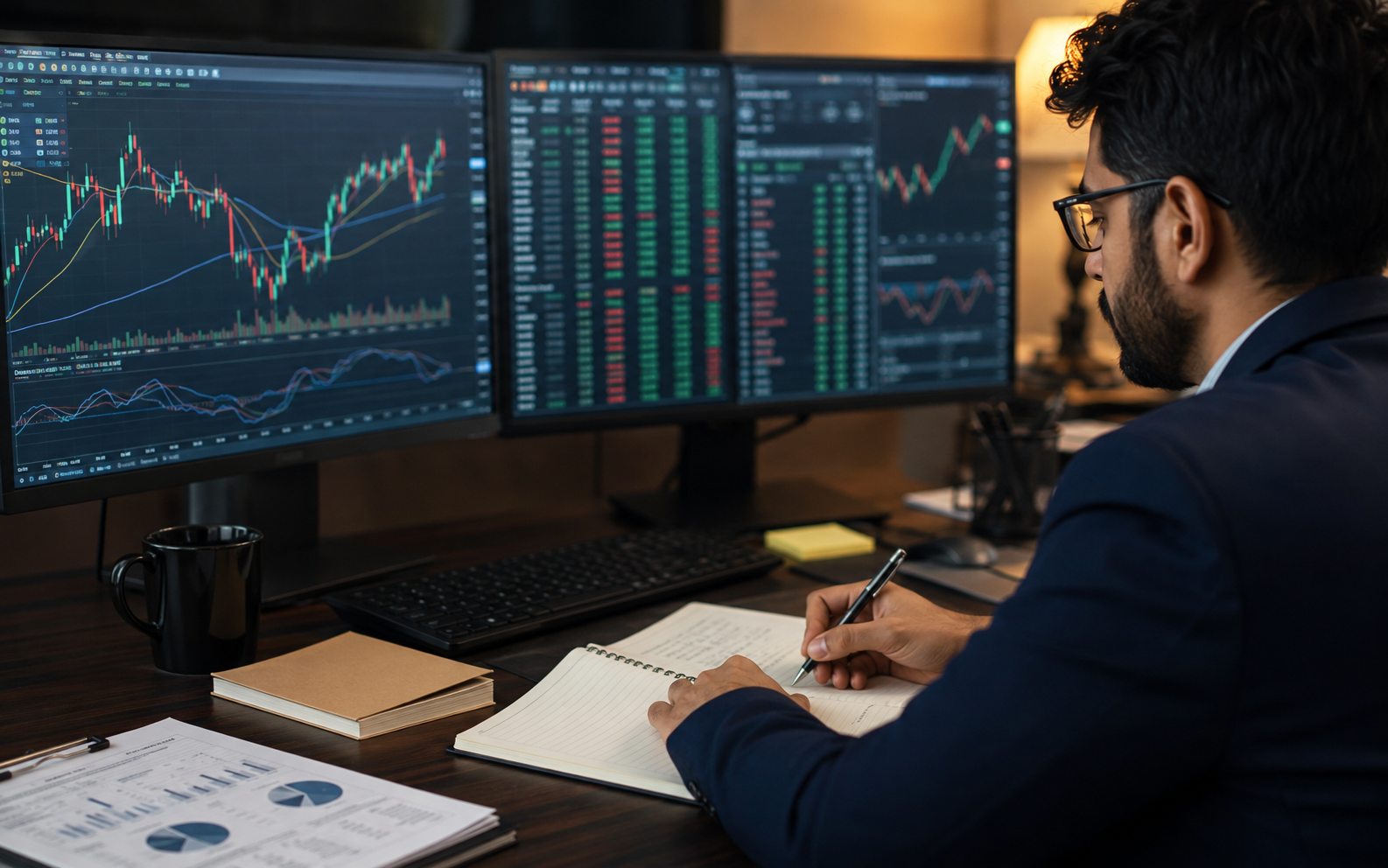 Analyst studying market charts and technical indicators